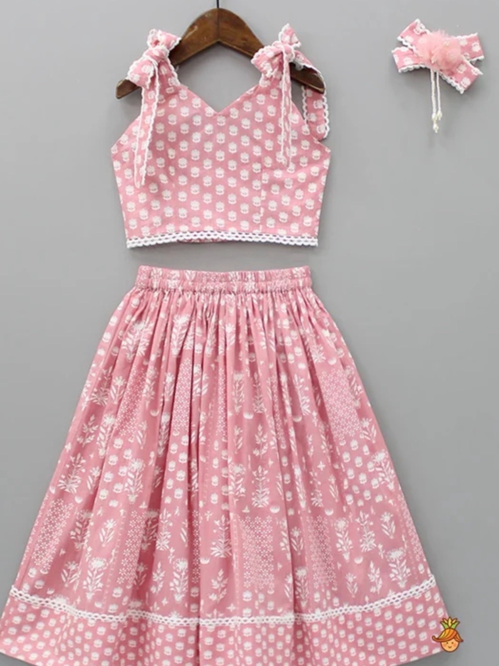 Girls Pink Floral Cotton Lehenga